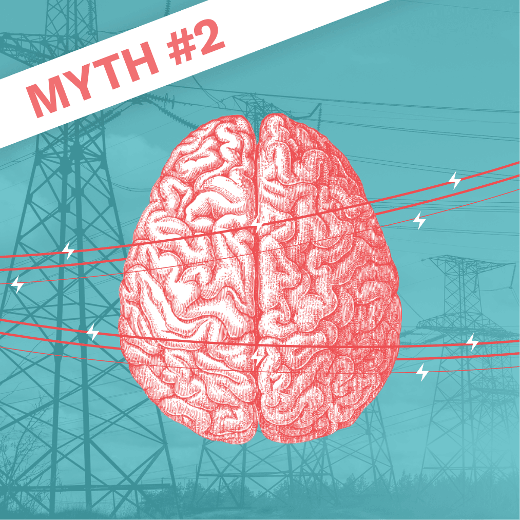 Banner with 'myth #2' overlaying a teal graphic showing power lines weaving around a duotone illustration of a brain.