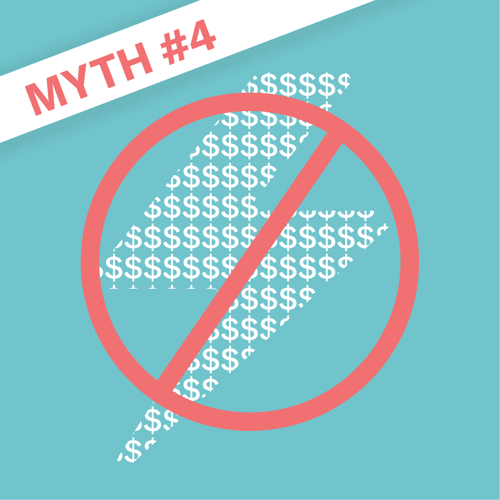 Banner that says 'Myth #4' on top of a graphic of a 'no' symbol covering a lightning bolt filled with dollar signs.