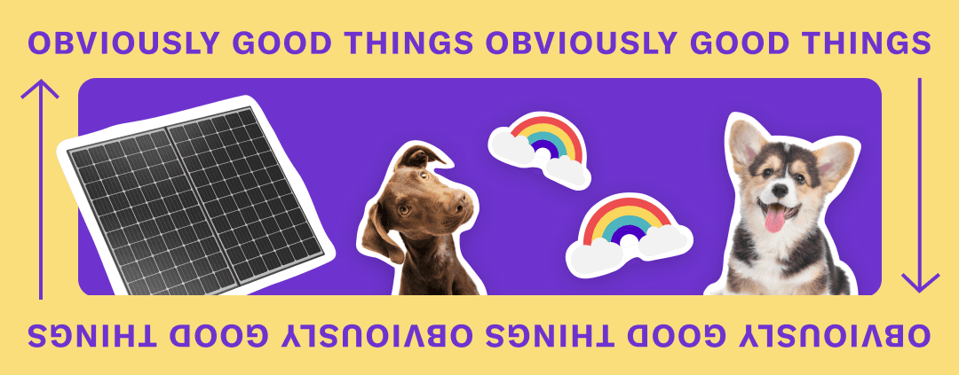 Yellow and purple banner that says 'OBVIOUSLY GOOD THINGS' on top and bottom. In the center of the banner is a solar panel, brown dog, two rainbows with clouds, and a corgi puppy.