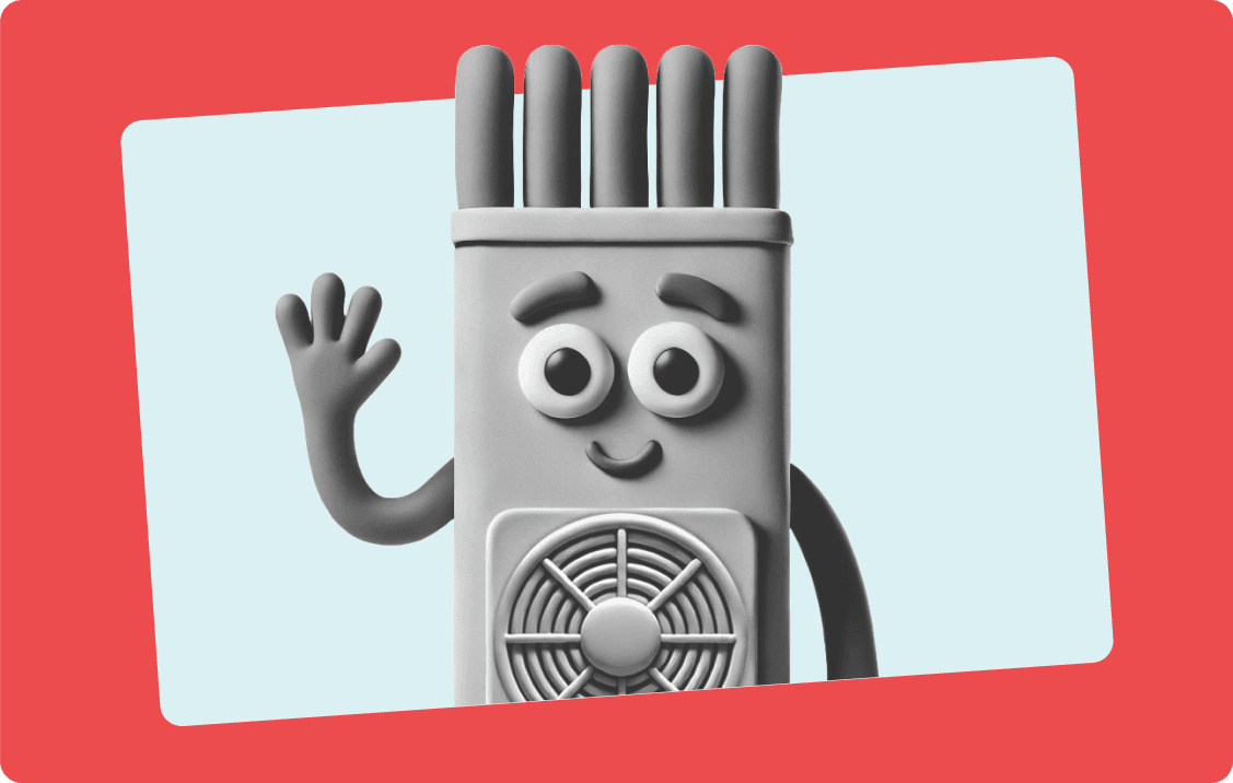 Heat pump character saying hi.