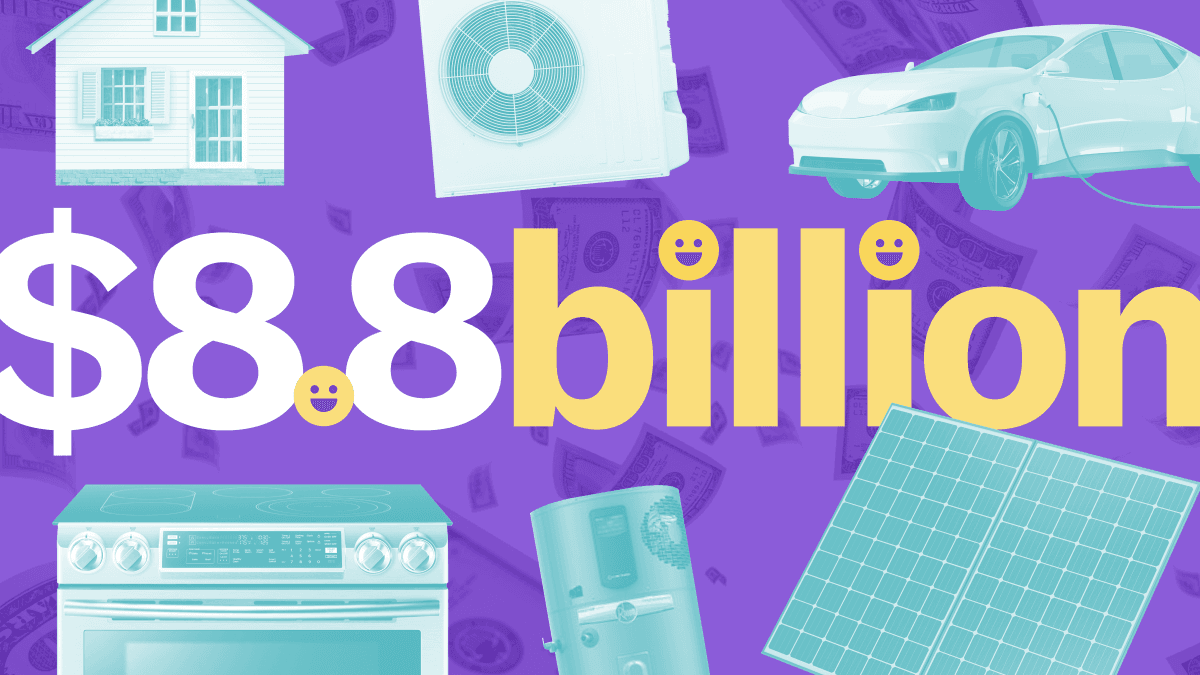 Purple image with transparent money pattern in background. A teal house, heat pump and electric vehicle along the top going and teal induction stove, heat pump water heater and solar panels along the bottom. Text reads "8.8 billion" in white and yellow, with smiley faces in the "." and the dots of each "i"