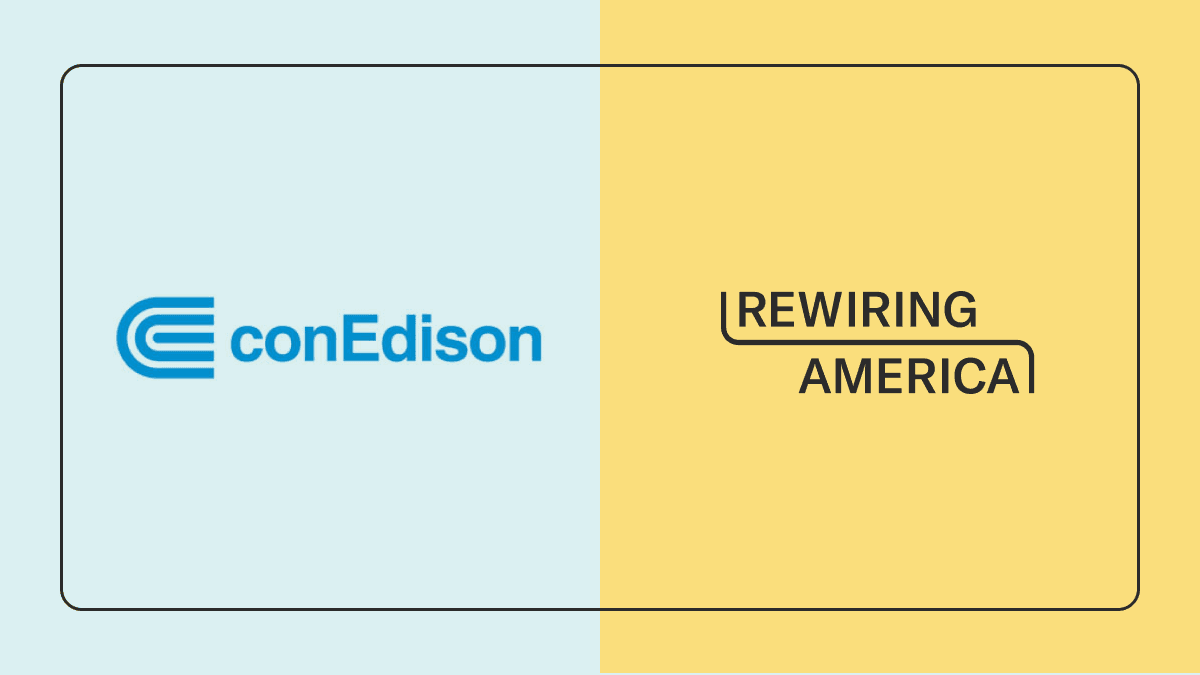 Blue and yellow graphic with conEdison and Rewiring America logos.