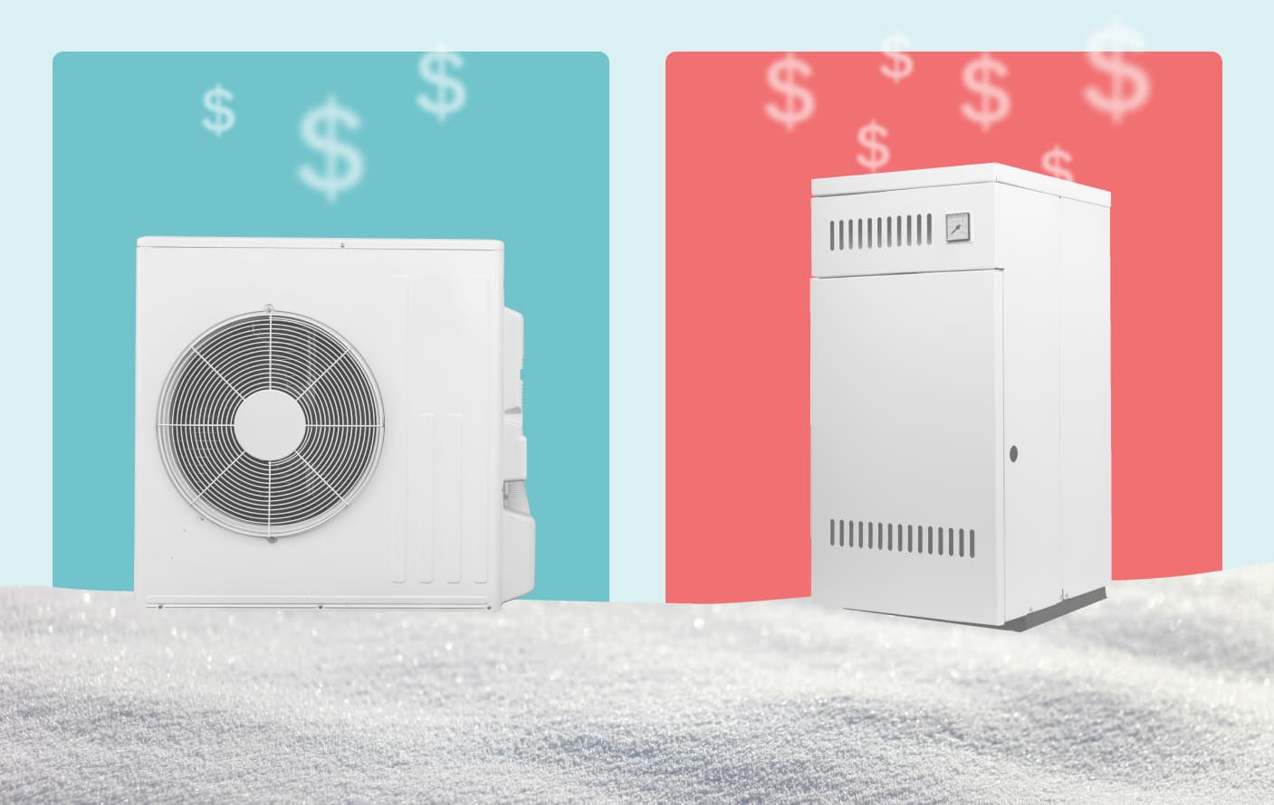 A grayscale heat pump (left) and a grayscale gas furnace (right) on top of a pile of snow on a light blue background. Behind the heat pump is a teal rounded rectangle and three dollar signs floating on top of the heat pump. Behind the gas furnace is a red rounded rectangle and six dollar signs floating on top of the furnace.