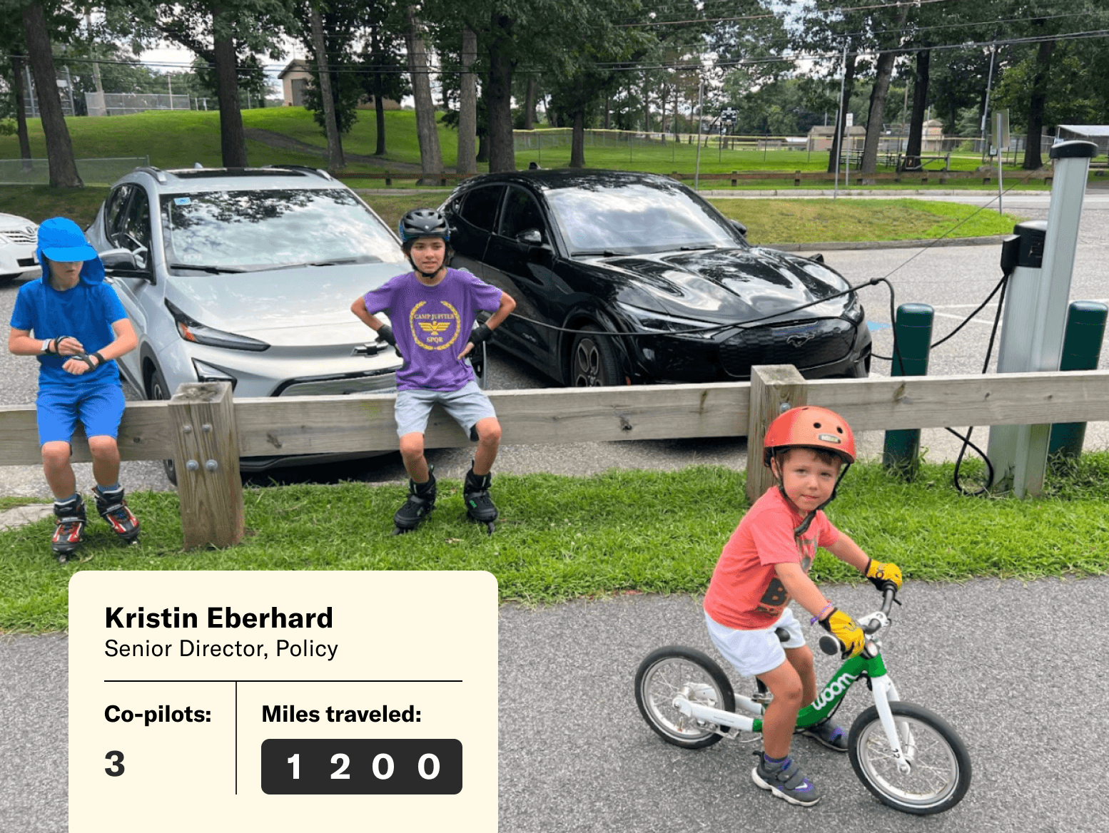 A black Ford Mustang Mach-E is plugged into a Level 2 charger at a local park. Three children — two on roller blades and one on a bicycle — are featured in the foreground. On top of the image is a graphic overlay with the text: "Kristin Eberhard; Senior Director, Policy. Co-pilots: 3. Miles traveled: 1200.