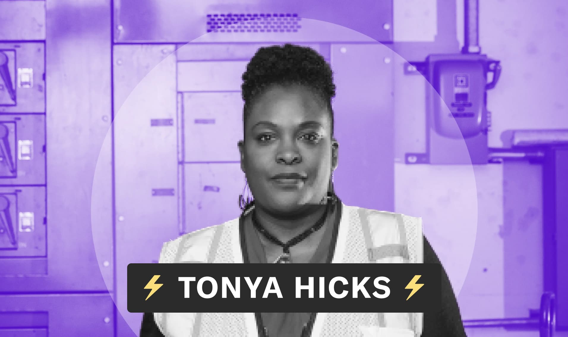 Grayscale photo of Tonya Hicks on a purple duotone background. She has short black curly hair tied into a high ponytail.