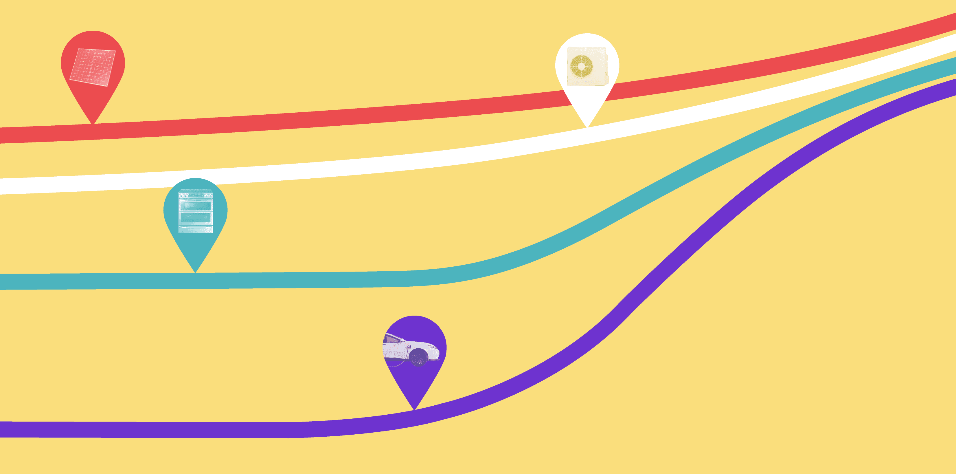 Yellow graphic with red, white, teal, and purple lines curving from the left to the upper right.