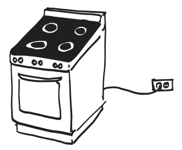 Black and white sketch of an induction stovetop plugged in to an outlet