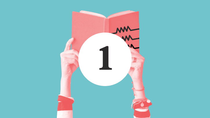 Teal graphic of red duotone hands holding up a book. A white circle with a 1 is in the center of the image.