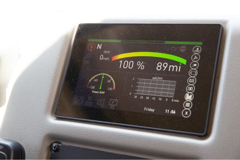 A dashboard panel on an electric school bus displays driving data including vehicle speed in miles per hour, 100 percent vehicle charge, and 89 miles range on that charge, among other data points.