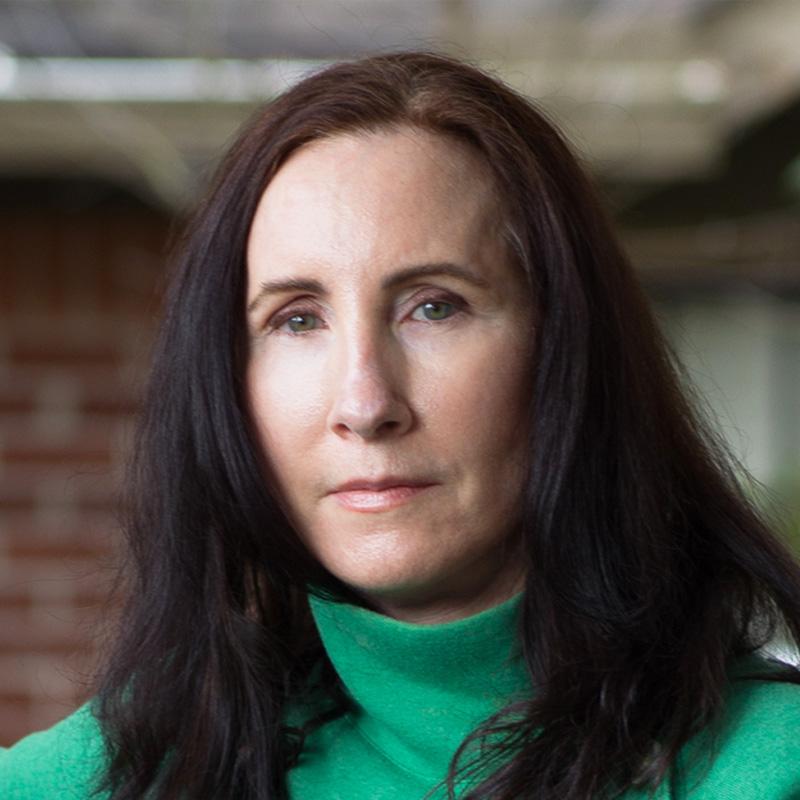 Headshot of Felicia Feaster who is staring forward. She has long brown hair and is wearing a green turtleneck sweater.