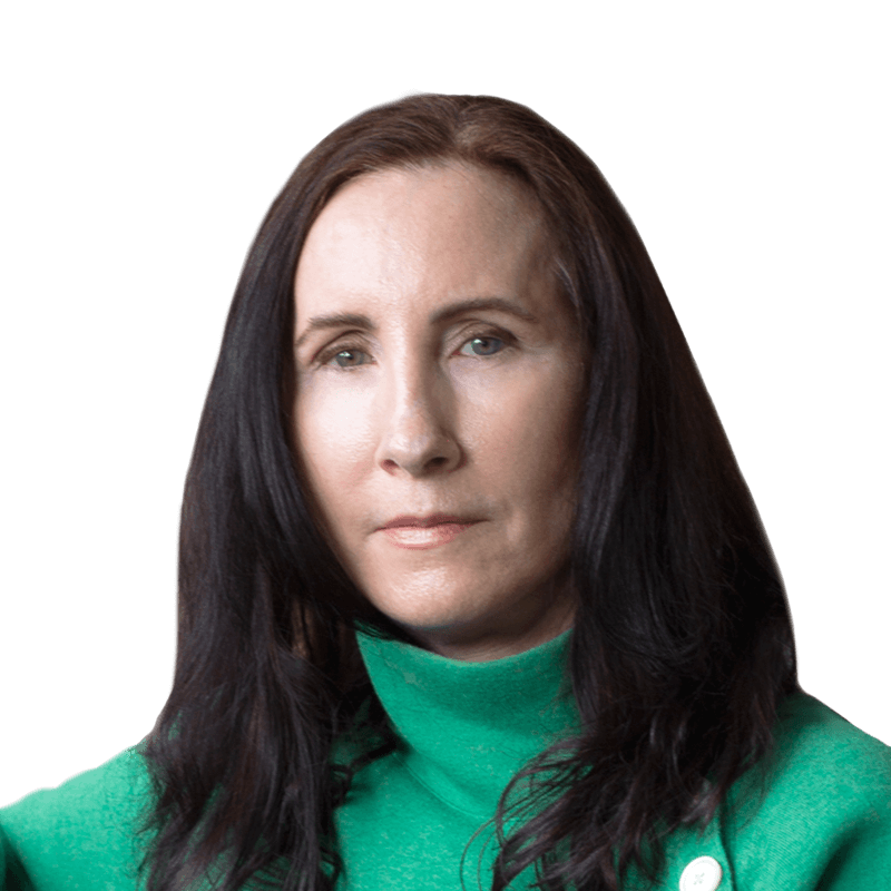 Headshot of Felicia Feaster, who has green eyes and long straight brown hair is staring at the camera with her mouth closed. She wears a green turtleneck.