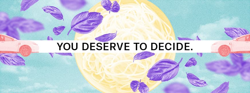 'You deserve to decide' on a white banner, with electric cars on the left and right. The text is surrounded by purple leaves.