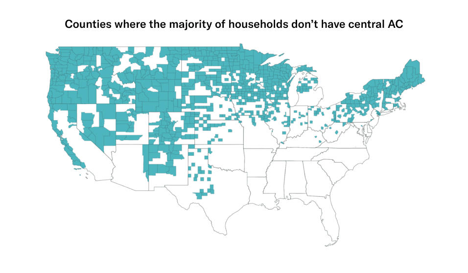 Map depicting counties in the U.S. where the majority of households don't have central AC