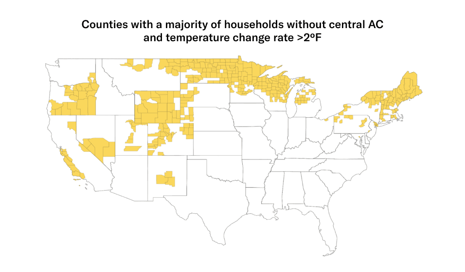 Map depicting counties in the U.S. with a majority of households without central AC and temperature change rate >2ºF