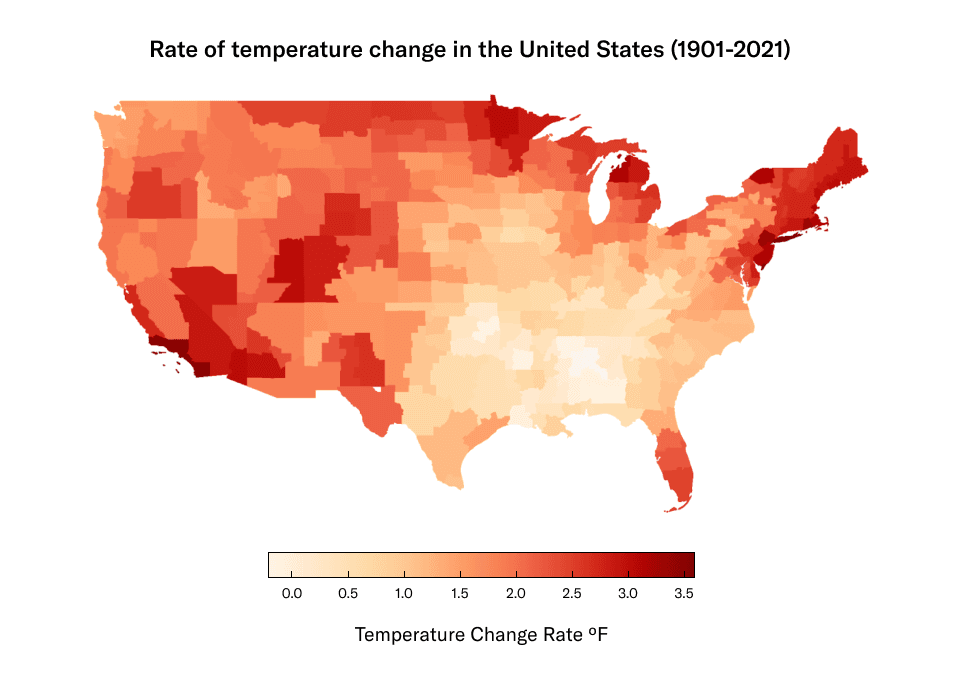 Map depicting rate of temperature change in the U.S. between 1901-2021