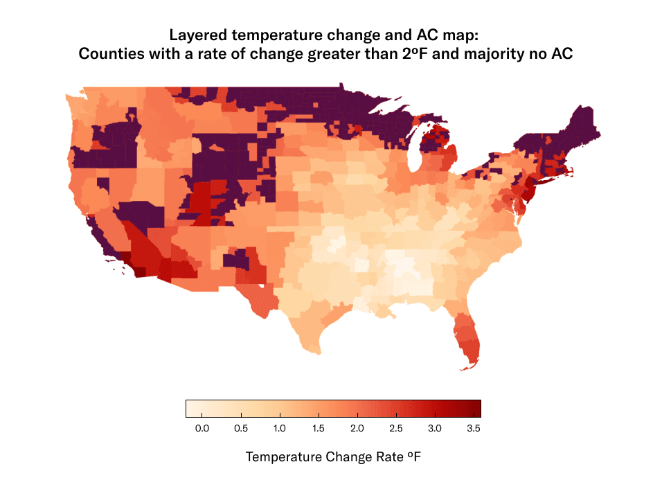 Map layering counties with a rate of temperature change greater than 2ºF and majority of counties with no AC