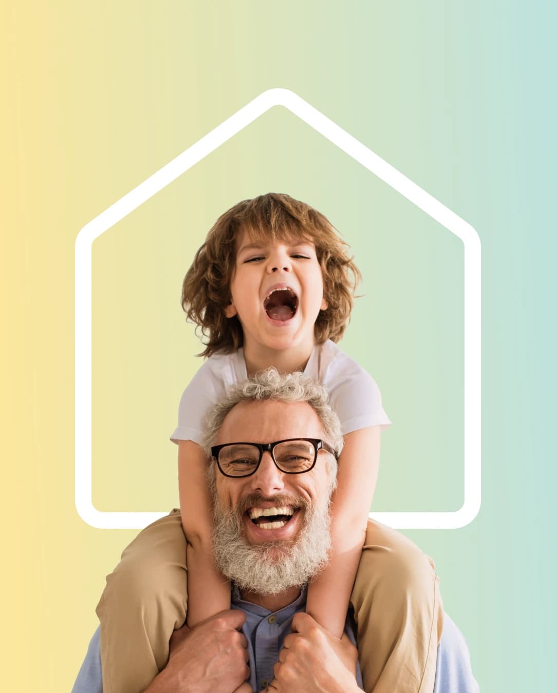 Happy han carrying a child on his shoulders. They are cut out on a yellow-blue gradient background with an outline of a house icon behind them.
