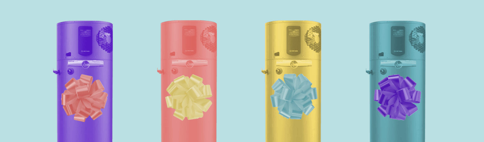 rectangular image with light teal background and heat pump water heaters wearing party hats