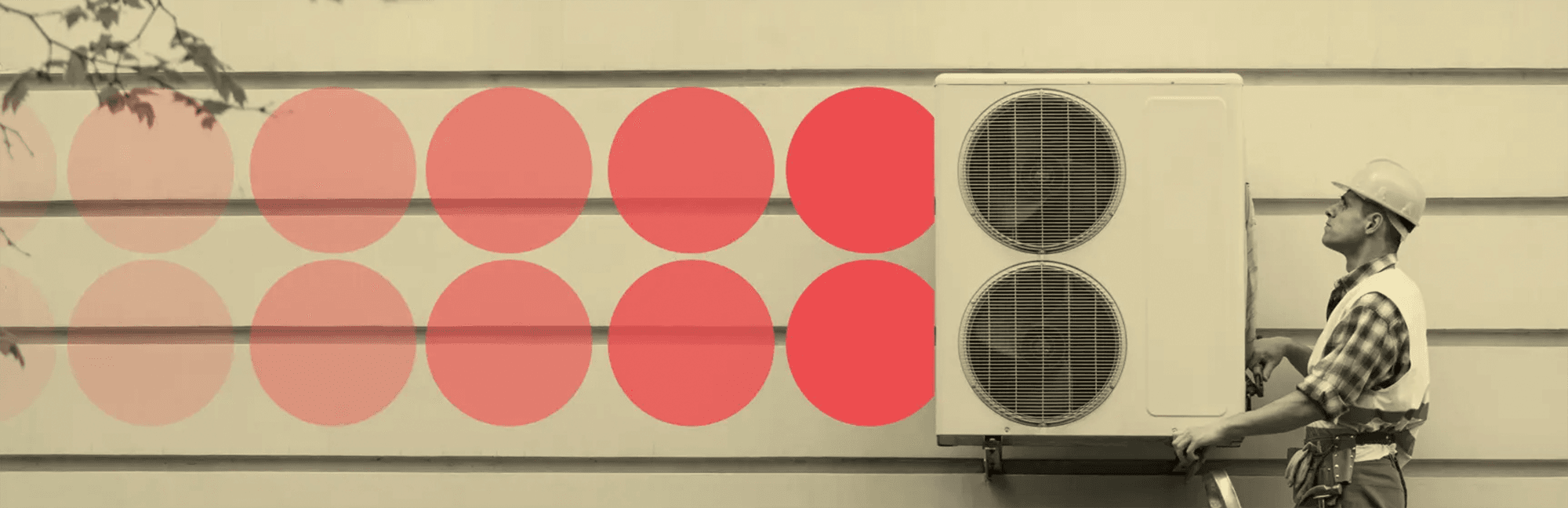 right side of image: a man working on a heat pump on the exterior of a house with a pattern of red circles extending out of the left side of the heat pump to the end of the image